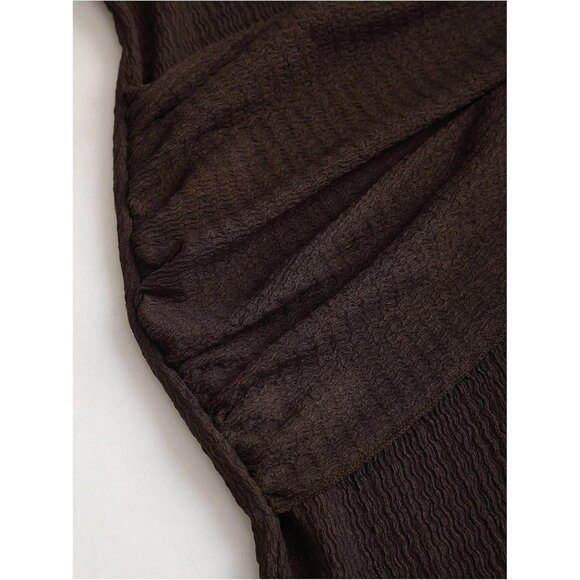 Women's Coffee Textured Mock Neck Dress Long Bell Sleeve Ruched Bodice - Picture 5 of 5